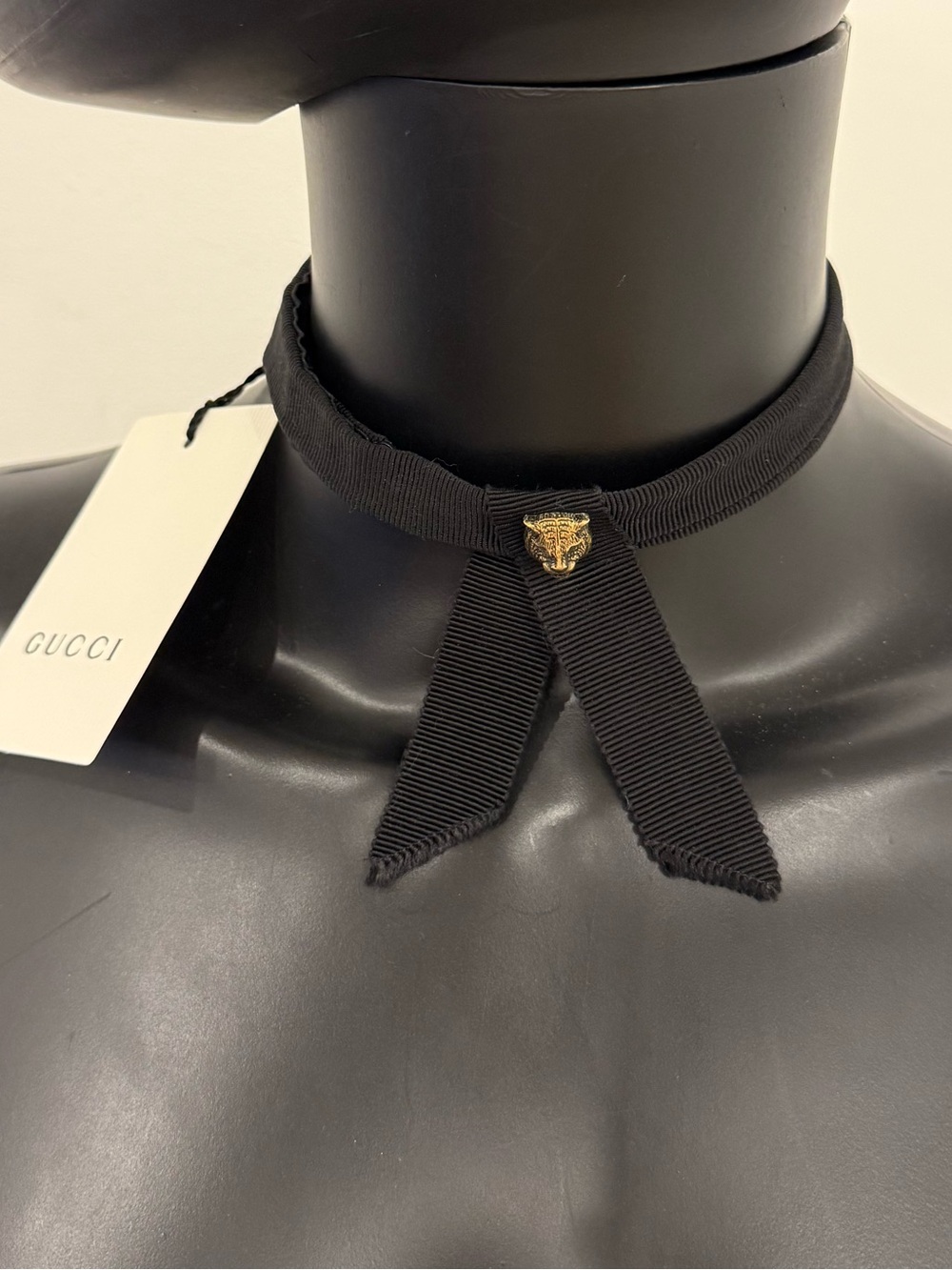 NWT Gucci Tiger Head Grosgrain Ribbon Choker Necklace Black Adjustable Bow